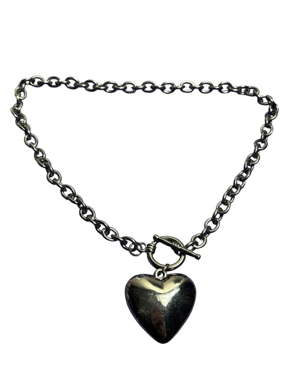 Y2K Gunmetal Puffy Heart Pendant Necklace Toggle Clasp 16 inches Long